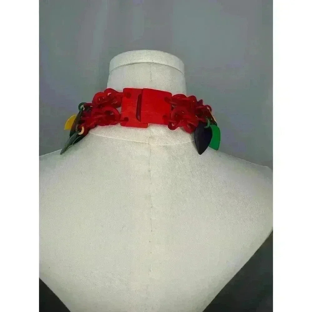 Statement Vtg Retro MOD Red Green Yellow Cluster Necklace - Picture 5 of 10